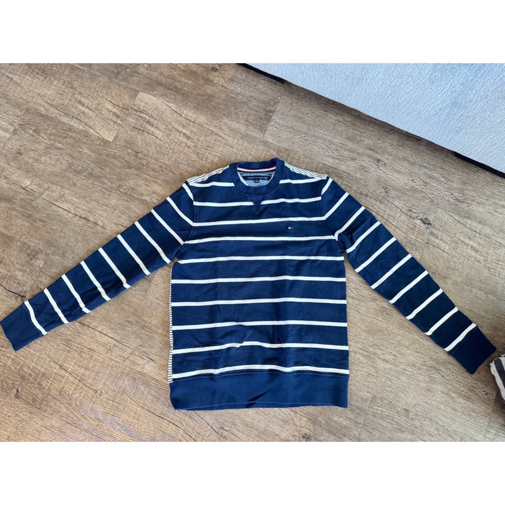 Tommy Hilfiger Mens Navy Blue White Striped Crewneck Sweatshirt Size M - Picture 1 of 5